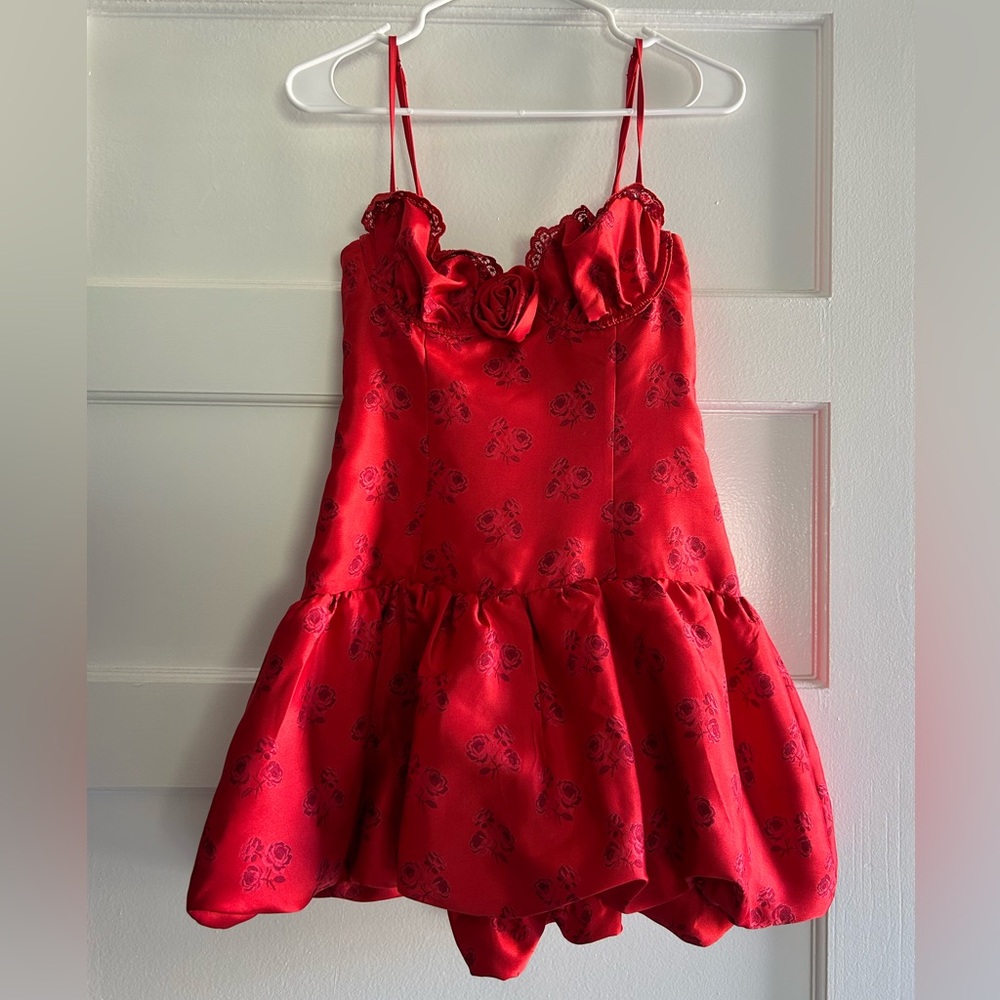 Red Floral Dress with Ruffle Details
